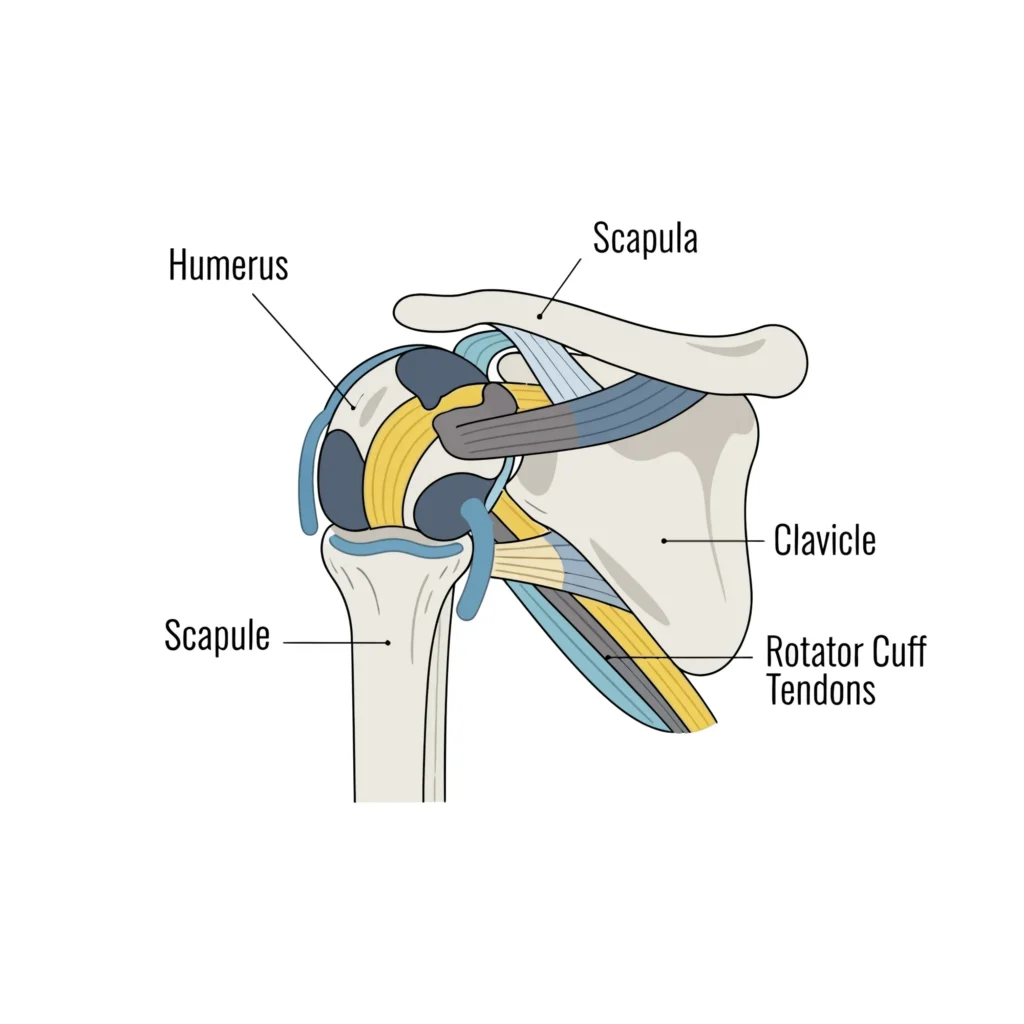 Rotator Cuff Tendinopathy diagram with labels to the humerus, scapula, scapule, rotator cuff tendons, and clavicle.